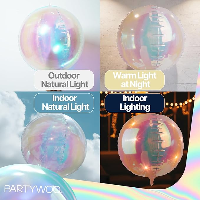 PartyWoo Iridescent Foil Balloons 6pcs 22 Inch Large Round Foil Big Giant 4D Jumbo Inflatable Mirror Ball Mylar Balloons for Wedding Anniversary Birthday Baby Shower Disco Party Decorations