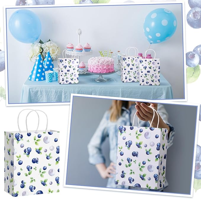 24 Pcs Blueberry Gift Bags Baby Shower Paper Gift Bags with Handles Summer Medium Watercolor Blueberry Party Favor for Birthday Baby Shower Summer Picnic Tea Party Favors Supplies