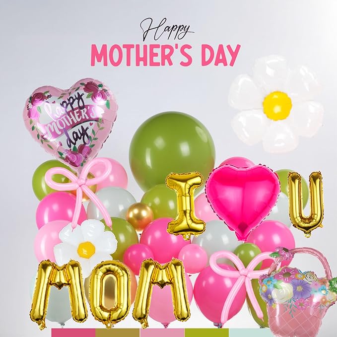 Mothers day Balloon Garland Kit with Pink and Green Foil Heart Letters Floral Basket Daisy Balloons for Indoor Outdoor Premium Rustic Elegant Party Decorations Party Supplies (Green Pink)
