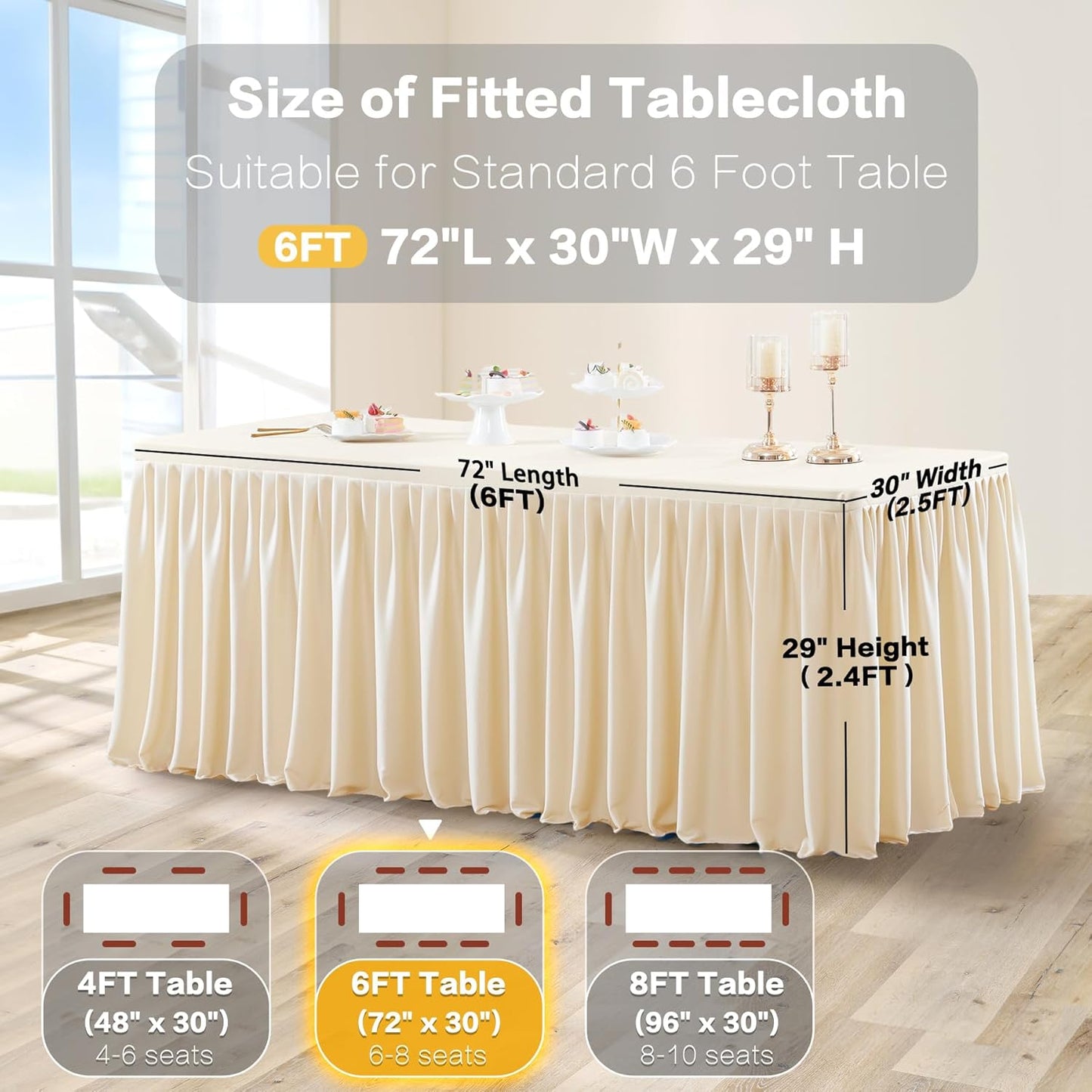 3 Pack Light Champagne Polyester Table Clothes for 6 Foot Rectangle Tables, Wrinkle Free Fitted Table Cover with Pleated Ruffle Table Skirt for Party Baby Shower Wedding Birthday Event Display