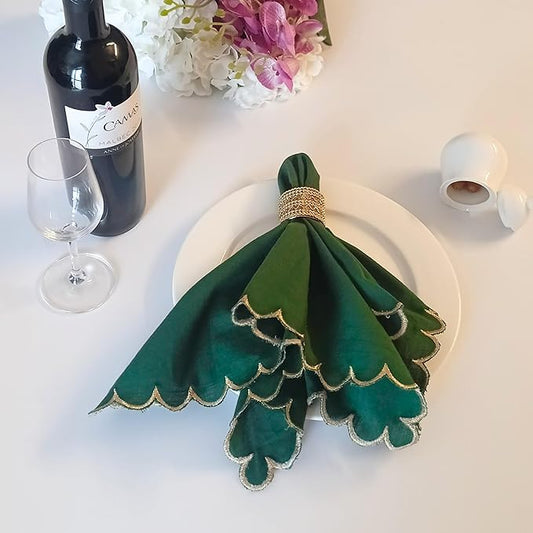 FINGERCRAFT Cloth Napkins, Everyday Use Scallop Design with Golden Zari, Premium Quality Natural Cotton Napkin Cloth Set of 6 Perfect for Parties Dinners Weddings Christmas 20x20 inch Eden Green
