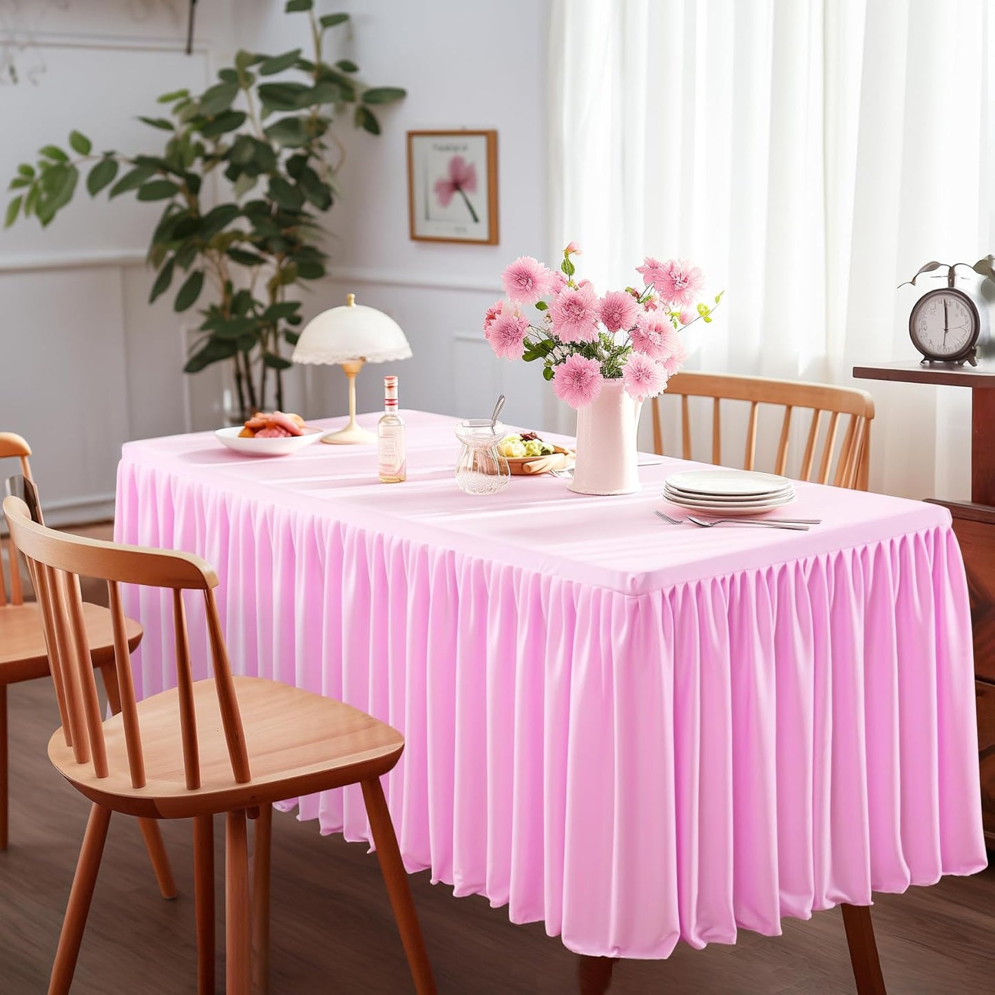 Pink Polyester Table Skirt for Rectangle Tables 6ft, Wrinkle Free Pleated Ruffle Fitted Table Cover 6ft Stretch Tablecloths with Skirt for Parties Weddings Birthday Banquet Baby Shower