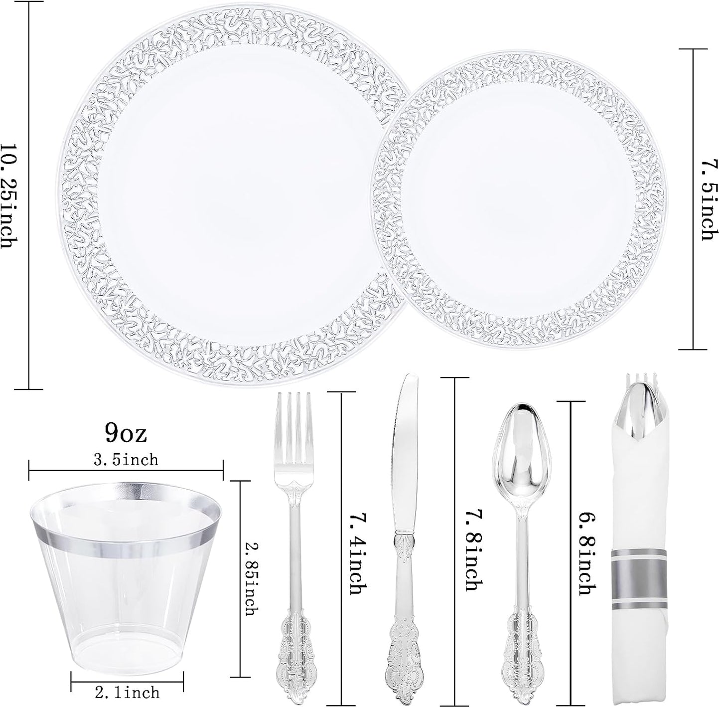 DaYammi 210PCS Silver Plastic Dinnerware Set, Silver Disposable Plates, Includes:30 Dinner Plates,30 Salad Plates,30 Cups 9 OZ and 30 Pre Rolled Napkins with Cutlery Heavy Duty for Party