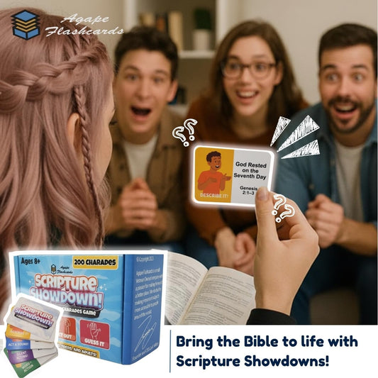 Bible Trivia Charades Game - Scripture Showdown - Fun Christian Party Activity for Families, Kids, Teens & Adults - 200 Challenge Cards for Bible Study, Youth Group & Game Night - Gift for Men & Women