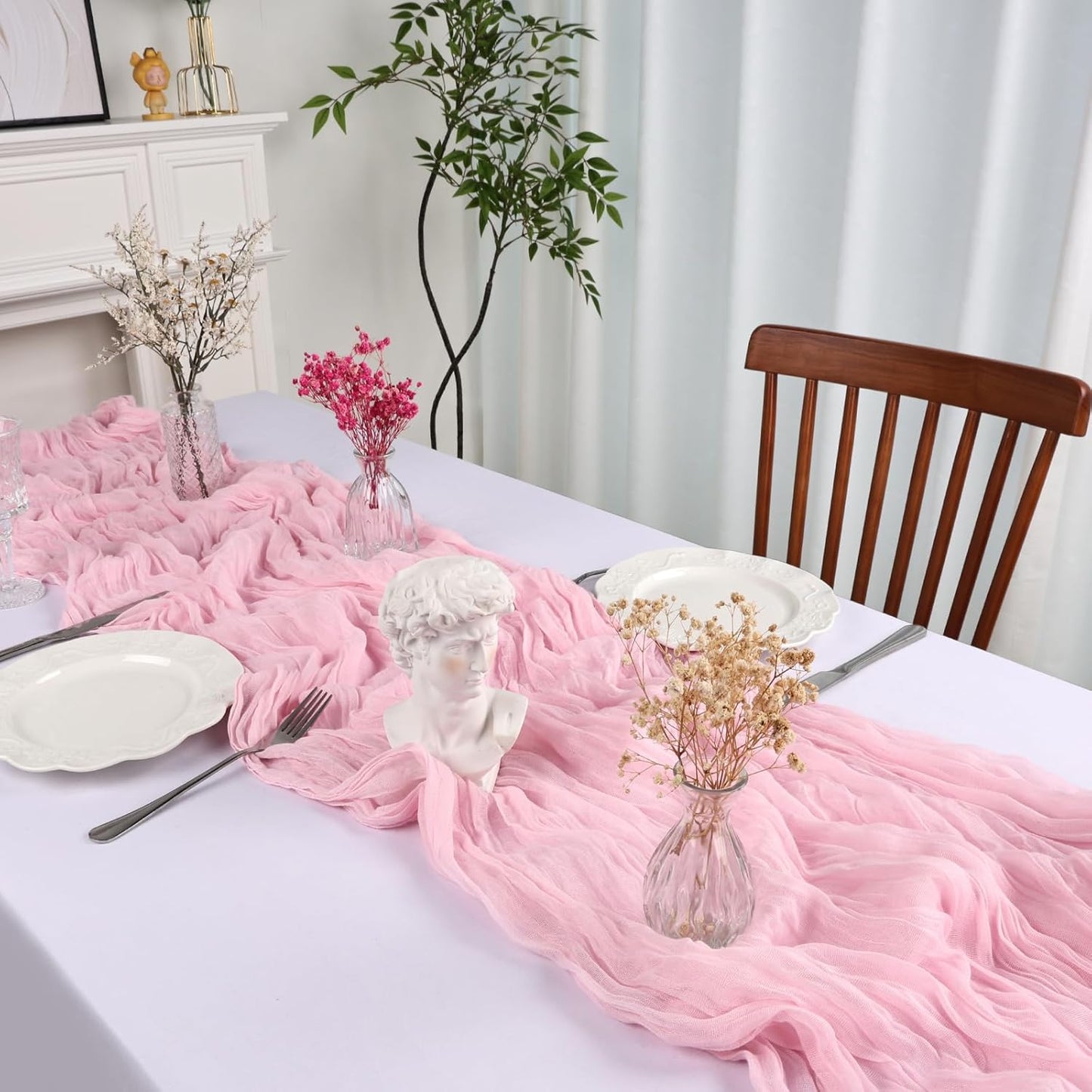 12 Pack 10FT Pink Cheesecloth Table Runner 35x120 Inch Gauze Rustic Boho Table Runner Cheese Cloth for Wedding Decor Birthday Party Bridal Baby Shower Table Centerpiece Decoration