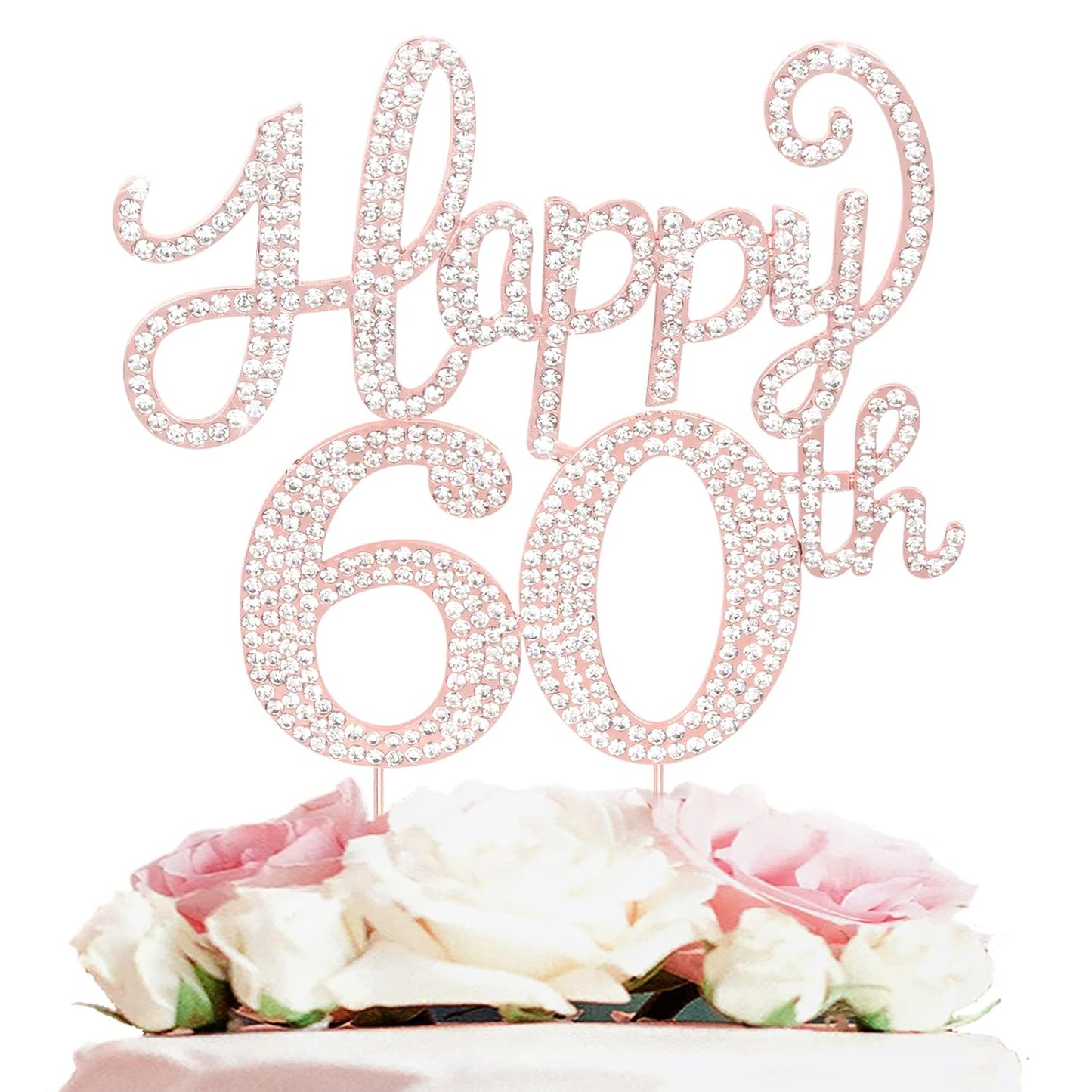 LASKYER Happy 60th Birthday Rose Gold Rhinestone Cake Topper - 60th Birthday/Anniversary,Cheers to Sixty Years Old Bday Party Metal Sparkly Centerpieces Decorations.