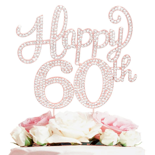 LASKYER Happy 60th Birthday Rose Gold Rhinestone Cake Topper - 60th Birthday/Anniversary,Cheers to Sixty Years Old Bday Party Metal Sparkly Centerpieces Decorations.