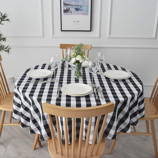 maxmill Round Checkered Tablecloth Spillproof Wrinkle Free Heavy Weight Gingham Table Cloth for Circular Table Cover Buffalo Plaid for Buffet Banquet Parties Holiday Dinner 70 Inch Black and White
