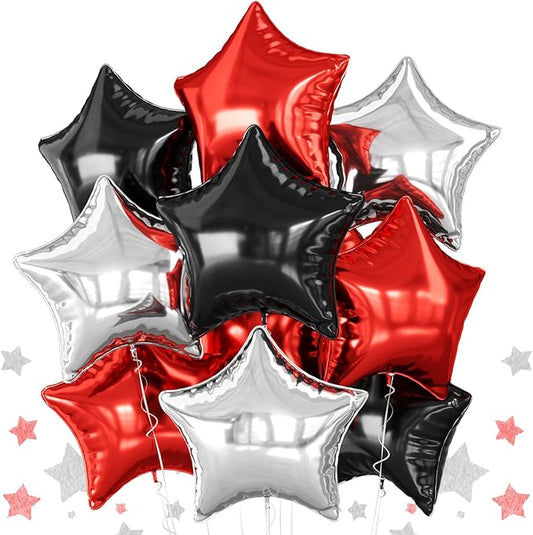 Red Black Silver Star Foil Balloons, 10PCS Foil Stars Shape Balloon, 18 Inch Red and Black Stars Balloons for Helium Pentagram Balloon for Kids Boys Birthday, New Years, Graduation Party Decorations