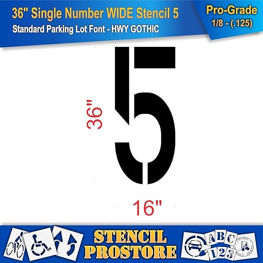 Pavement Stencils - 36 inch Single Number Stencil (Wide) - 5-36" x 16" x 1/8" (128 mil) - Pro-Grade