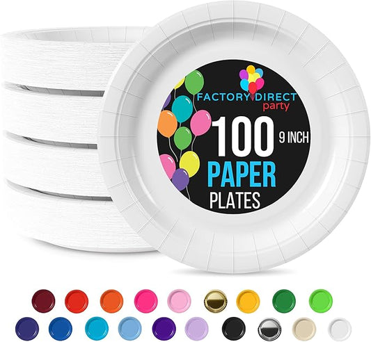 Exquisite Party Solids White Paper Plates Disposable Heavy Duty 9 Inch White Disposable Plates For Party 100 Pcs Heavy Duty Paper Plate 350 GSM, Birthday Supplies Plate Set