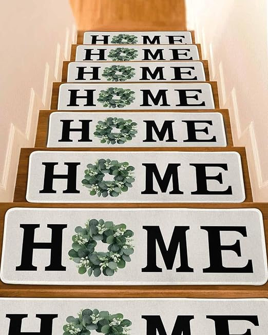 Non Slip Stair Treads for Wooden Steps Home Green Eucalyptus Leaves Garland Carpet Indoor Stair Runners, Retro Linen Step Tread Rugs Adhesive Staircase Mats for Elders, Pets,8"x30",4Pack