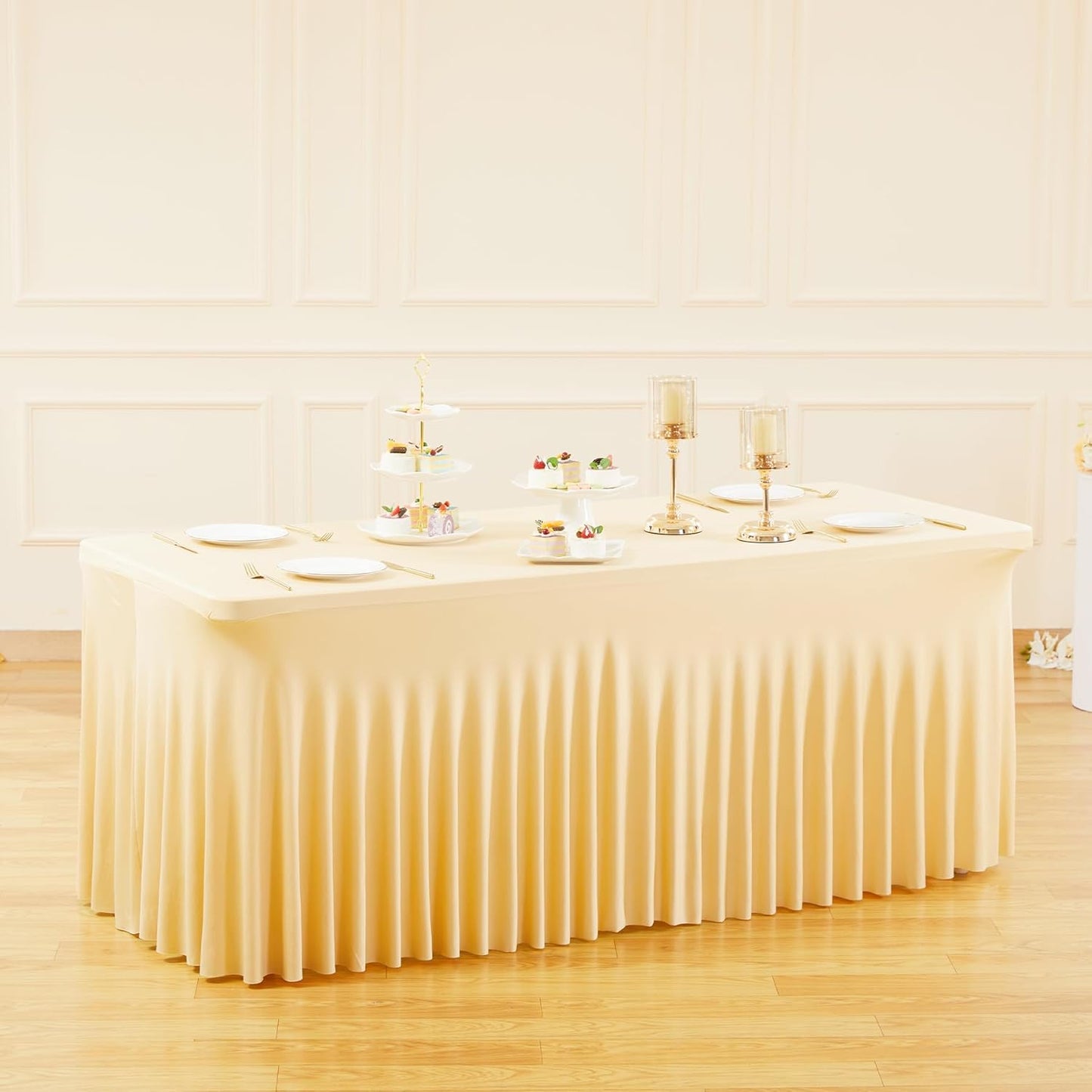 Besutolife 2 Pack Champagne Spandex Tablecloth for 6ft Rectangle Tables Fitted Table Cloth Stretch Table Covers Skirt 6ft Rectangular Tablecloths for Banquet Parties Wedding Decorations