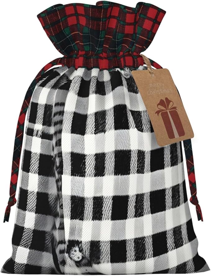 PULaif Black And White Plaid Christmas Drawstring Gift Bags, Large Size Christmas Bags For Gifts Party Favors, Xmas Gift Bags