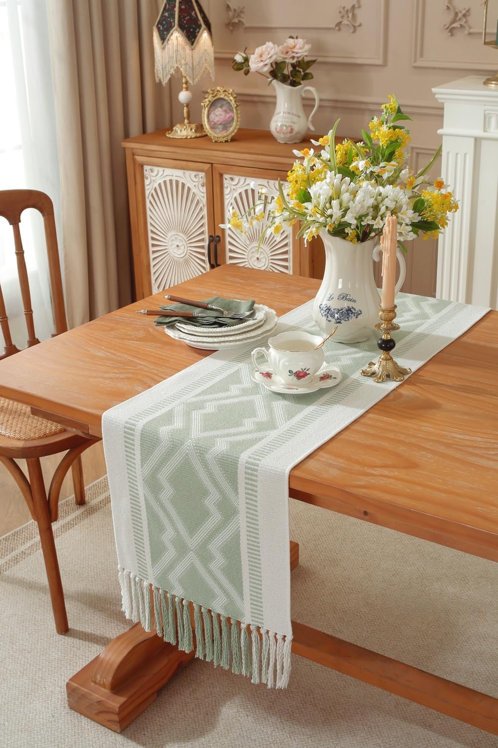 Boho Table Runner ， Natural Cotton Woven Aqua Runner，for Modern Farmhouse Decor, with Tassels for Home Dining Table Decor 14 x 72 Inch Long