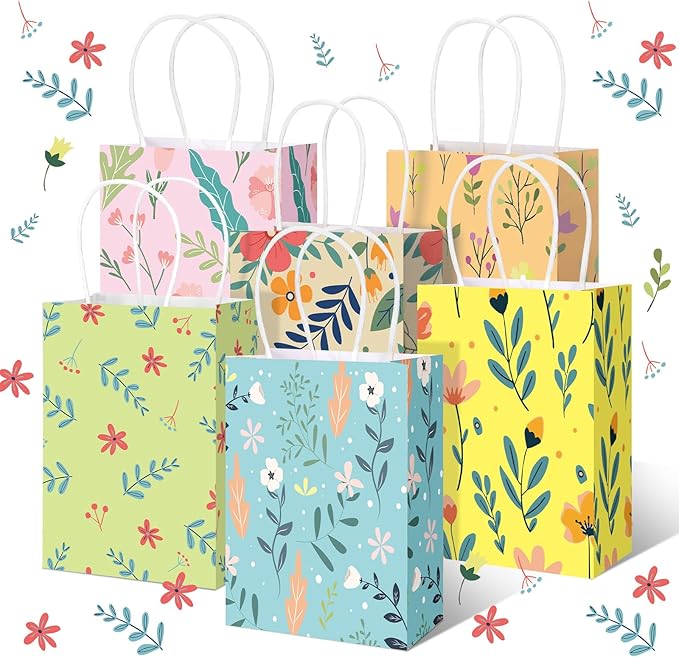 Kolldenn 36 Pcs Floral Gift Bags Watercolor Tea Party Treat Goodie Bags Women with Handles Thank You Birthday Candy Treat Engagement Party Supplies, 8.3 x 5.9 x 3.1 Inches(Chic)
