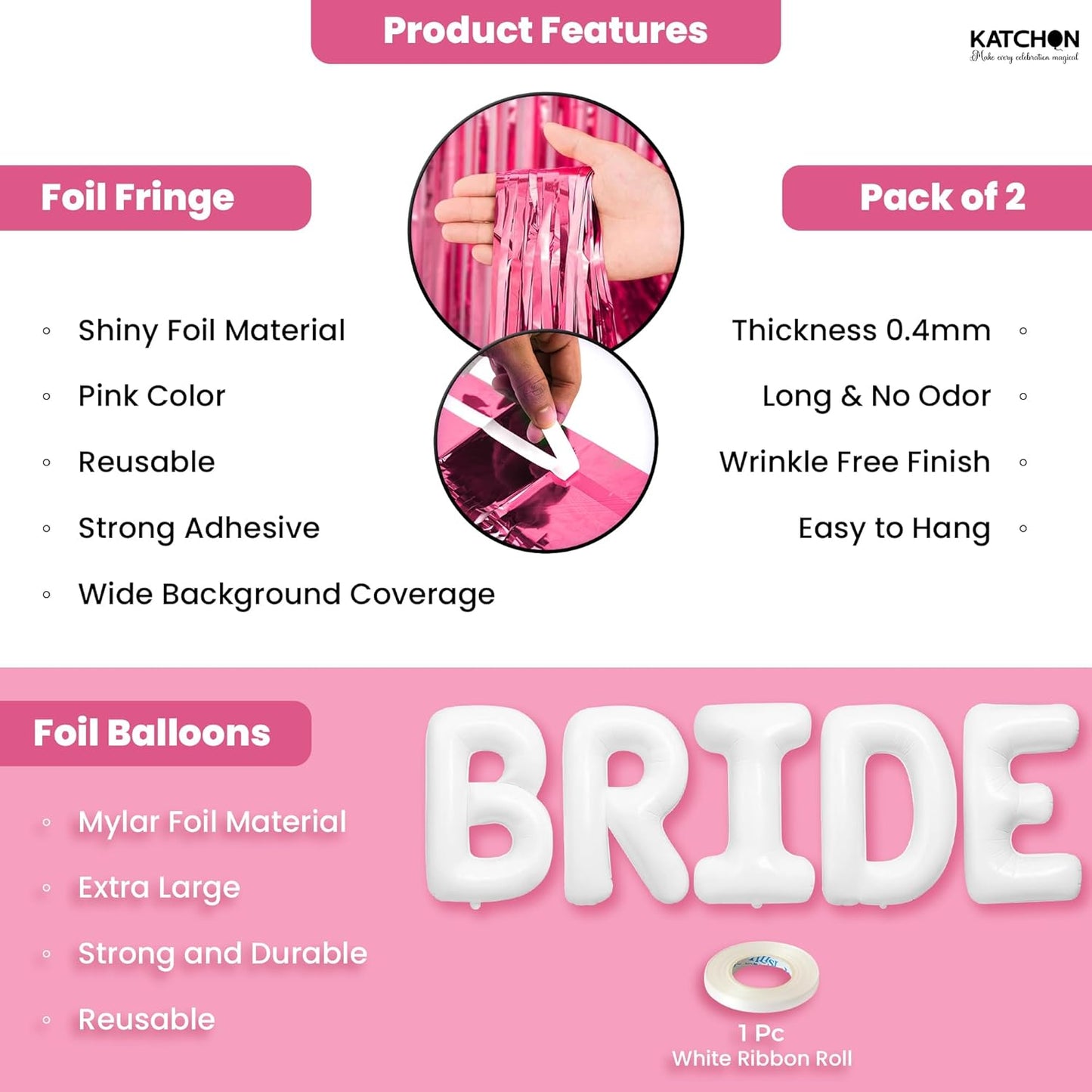 KatchOn, Bachelorette Party Decorations Set - Huge Pack of 3 | White Bride Balloons Bachelorette, Pink Backdrop Curtain | Bridal Shower Decorations, Pink Streamers Party Supplies | Wedding Decorations
