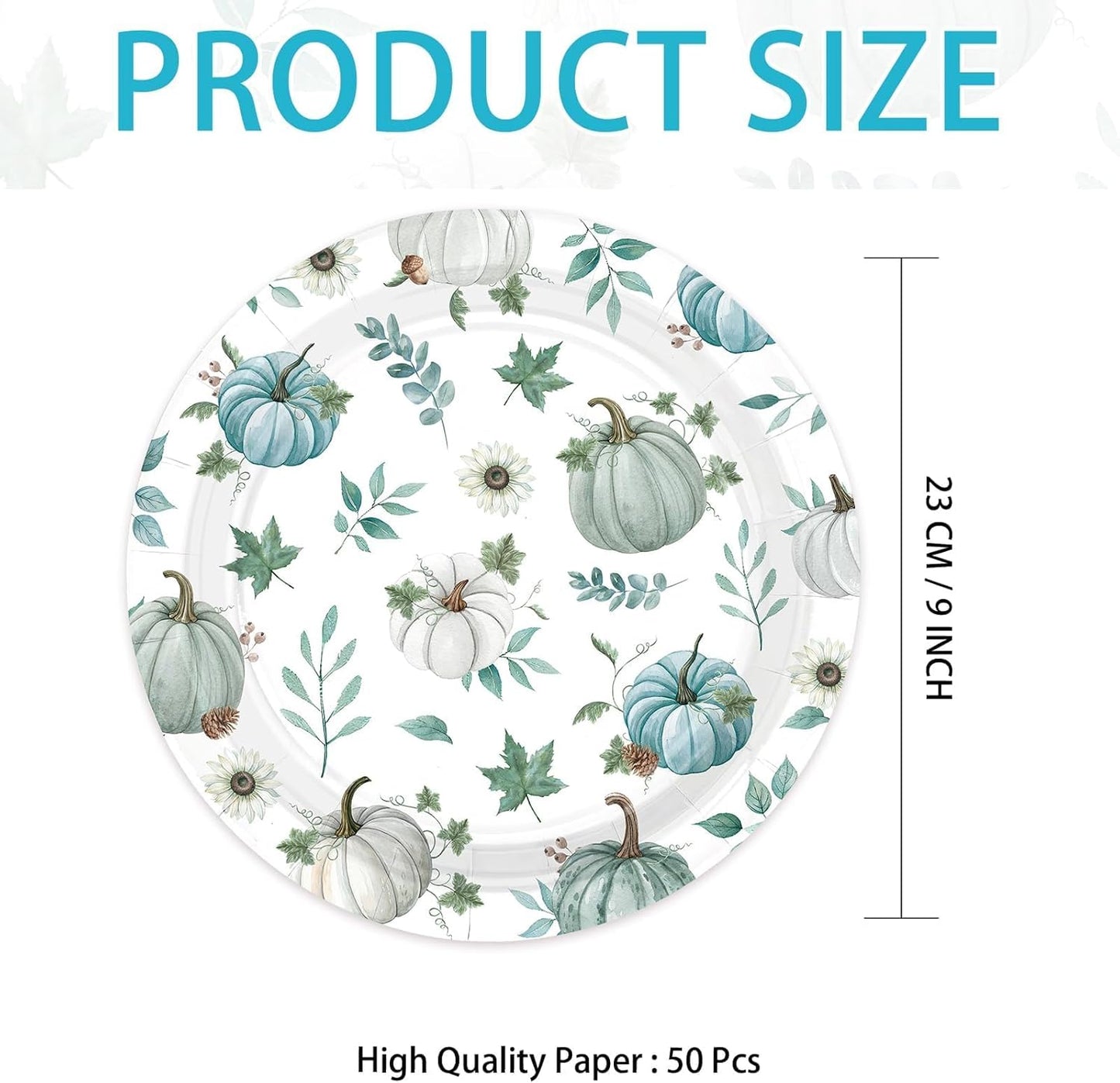 Grencian 50Pcs Fall Blue Pumpkin Plates 9” Heavy Duty Thanksgiving Disposable Paper Plates Blue and White Pumpkin Desert Platters for Thanksgiving Harvest Fall Party Decorations