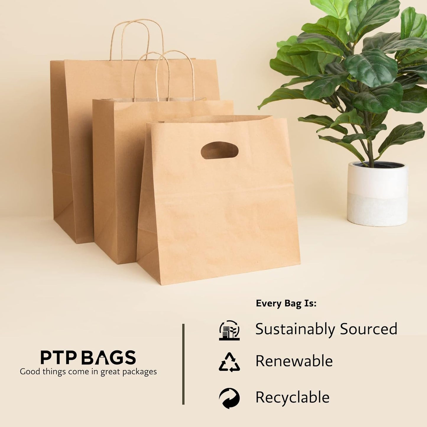 PTP BAGS White 11" x 6" x 11" Die Cut Tote Bags [Pack of 500] Kraft Paper Gift, Food Service Bags