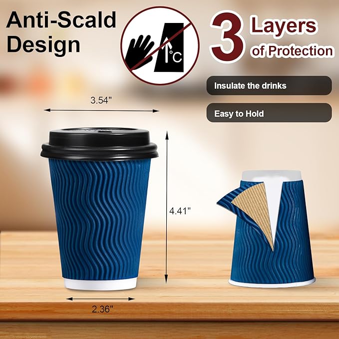 Lamosi 12 OZ Disposable Coffee Cups with Lids 100 Pack, Hot Paper Insulated Corrugated Ripple Wall Cup for To Go Drinks and Beverages