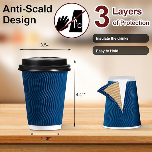 Lamosi 12 OZ Disposable Coffee Cups with Lids 100 Pack, Hot Paper Insulated Corrugated Ripple Wall Cup for To Go Drinks and Beverages