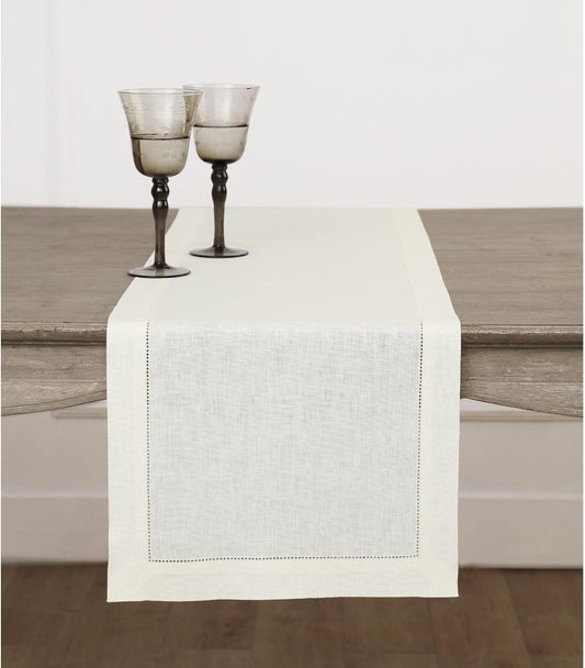 Solino Home Linen Ivory Table Runner 132 Inches Long - 100% Pure Linen Extra Long Table Runner 14 x 132 Inch for Fall, Autumn, Thanksgiving, Christmas - Classic Hemstitch