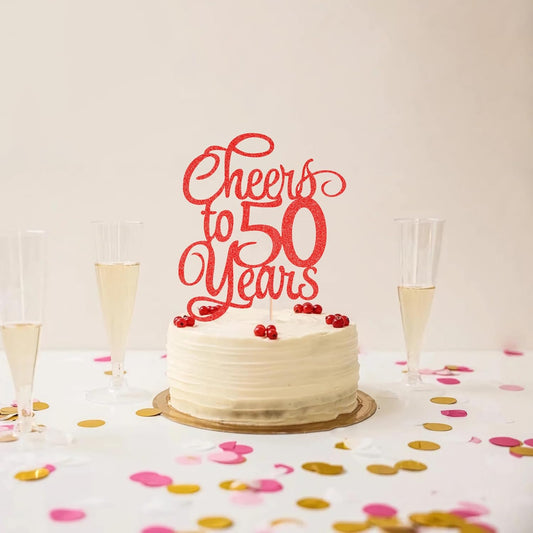 Cheers to 50 Years Cake Topper - Red Glitter 50th Birthday Cake Decorating Supplies, Perfect for 50th Anniversary or Fifty Birthday Party, Photo Booth Props