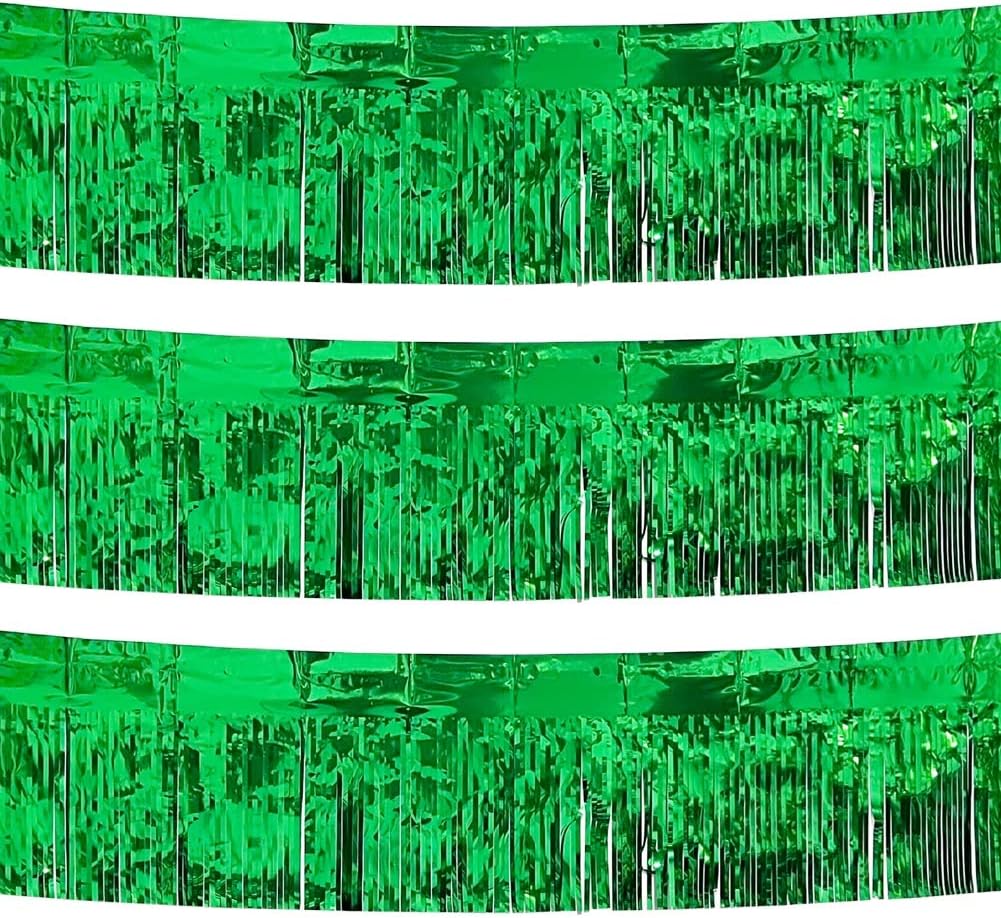 3 Pack Total 30 Feet Green Foil Fringe Garland Metallic Wall Hanging Drapes Tassel Skirting Tinsel Streamers Decorations for Parade Float Trailer Mardi Gras Party Birthday St. Patrick's Day