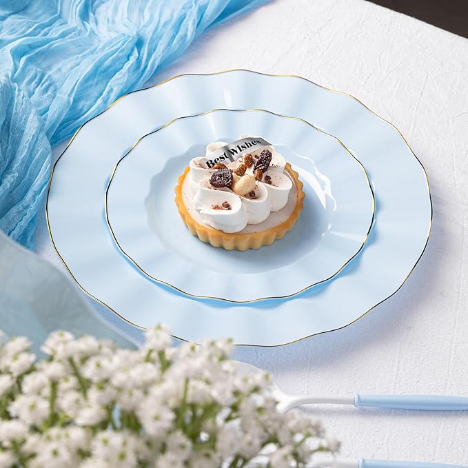 HIGH END 100 Pcs Blue Wave Plastic Plates with Gold Trim, Fancy Disposable Plate Sets Include 50 Dinner & 50 Dessert Plastic Plates, Elegant Disposable Plate Set For Party, Thanksgiving (50 Guests)