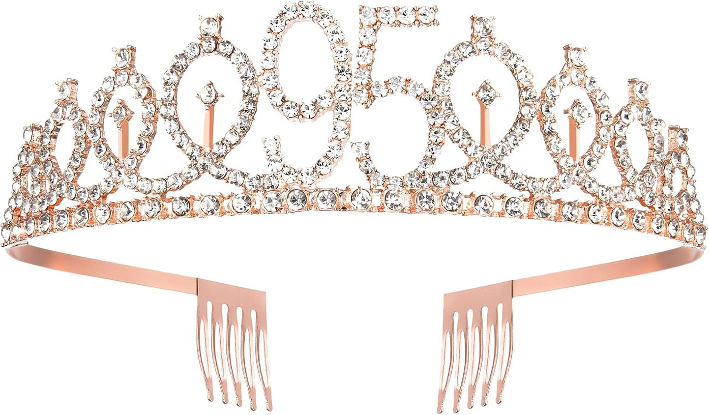 BRT Bearingshui Rose Gold Birthday Sash and Tiara for Woman, 95th Birthday Sash and Crown for Woman, 95 & Fabulous, Birthday Gifts for Happy 95th Birthday Party Favor Supplies