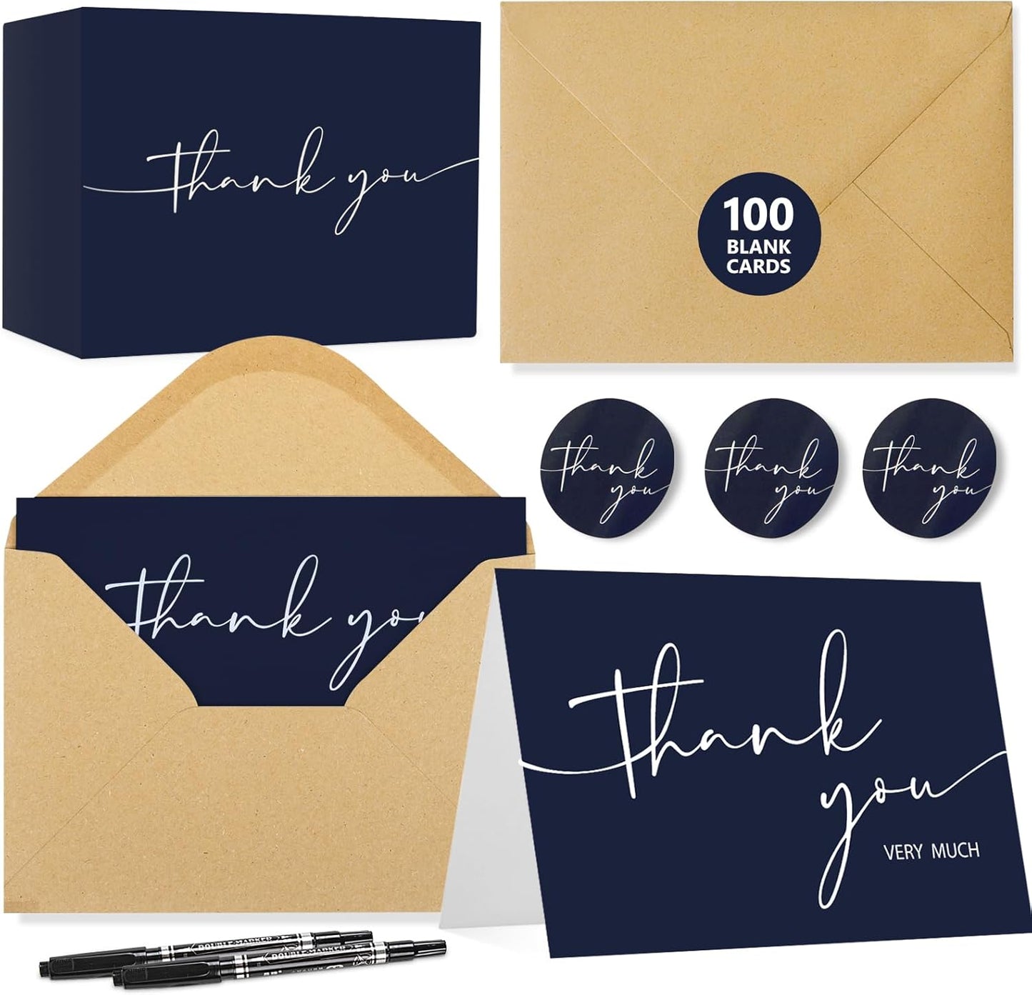 NESCCI 100 PCS Thank You Cards With Envelopes and Stickers，Classy 4x6 Blank Thank You Cards,Thank YouNotes for Wedding, Small Business, Baby & Bridal Shower (Navy Blue)