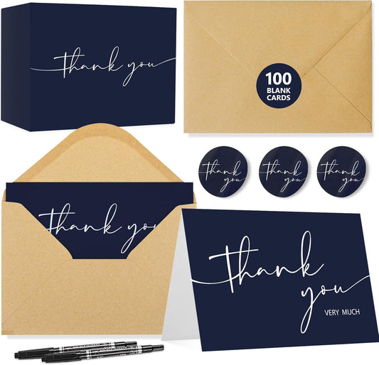 NESCCI 100 PCS Thank You Cards With Envelopes and Stickers，Classy 4x6 Blank Thank You Cards,Thank YouNotes for Wedding, Small Business, Baby & Bridal Shower (Navy Blue)