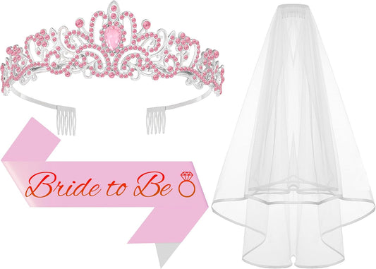 3Pcs Bride to Be Crown with Sash and Veil for Bachelorette Party Decorations, Bridal Shower Accessories for Gift, Favors