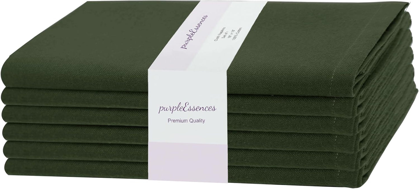 PurpleEssences Set of 6 Cloth Dinner Napkins 100% Cotton 18x18 Inch - Soft Durable Washable - Ideal for Farmhouse Party Fall Thanksgiving - Perfect Everyday Use Table Linen - Olive Green