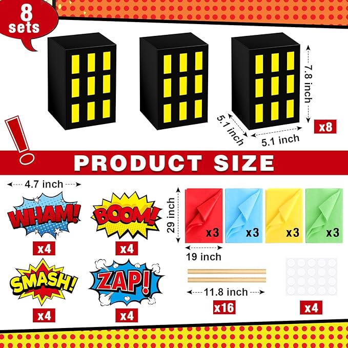 8 Sets Hero Theme Party Decoration Hero Boxes Centerpiece (7.9 x 5.1 x 5.1 Inch) Sticks with Tissue Paper Standing Cards Birthday Baby Shower Party Supplies (Yellow)