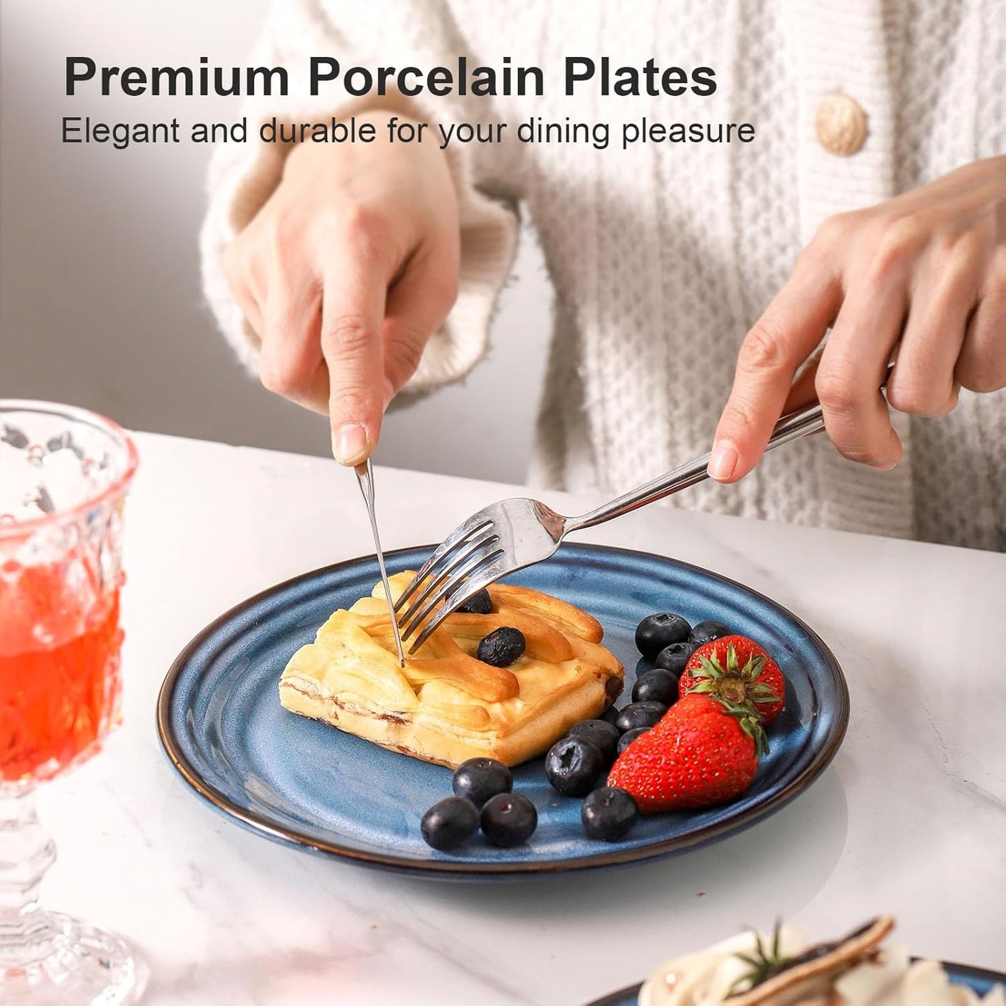 Hasense Salad Dessert Plates, 8 Inch Ceramic Dinner Plate Set of 6, Small Round Serving Dishes for Appetizer, Fruit, Cake, Snack, Blue Reactive Glaze Kitchen Gift, Microwave Dishwasher Safe