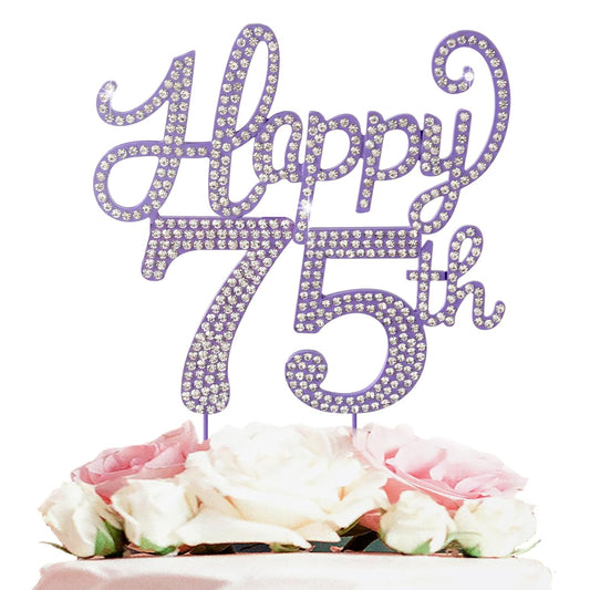 LASKYER Happy 75th Birthday Decorations,75th Birthday Purple Rhinestone Cake Topper - Cheers to 75 Years Old Bday Party Metal Sparkly Cake Centerpieces Sign.