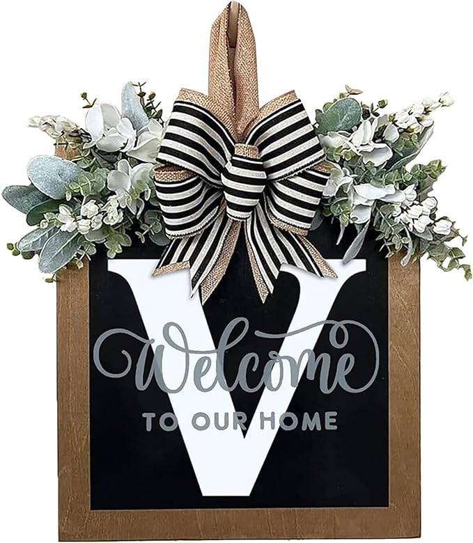 Last Name All Year Round Front Door Wreath with 26 Initial Letter Welcome Sign All Seasons Eucalyptus Garland and Bow ，Farmhouse, Porch, for Spring Summer Fall All Seasons Holiday Halloween Christmas. (V)