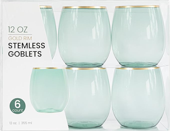 PLASTICPRO 12 Pack Green With Gold Rim Plastic Wine Glasses Stemless Disposable 12 oz BPA Free Shatterproof Plastic Wine Cups Wine Glasses for Parties