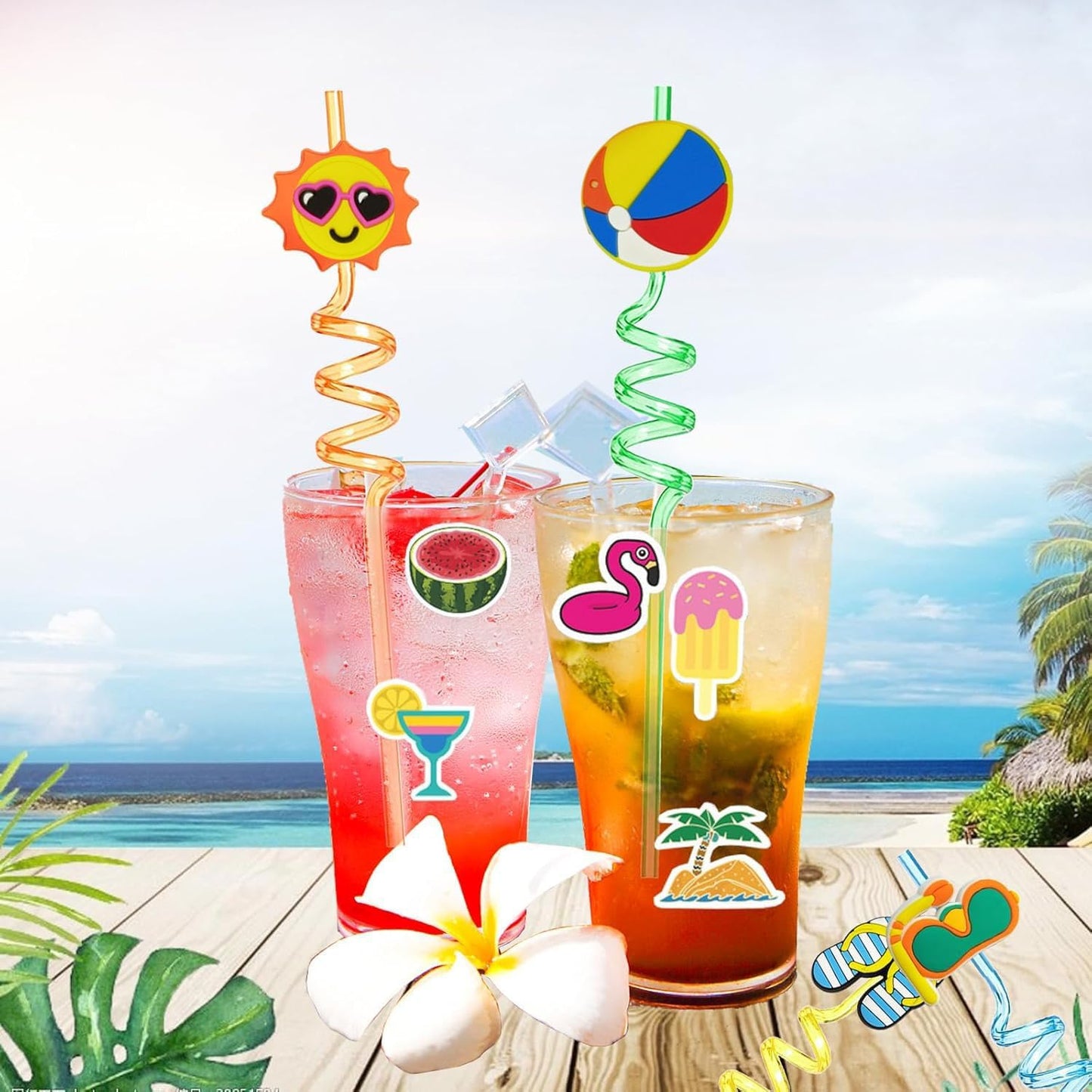 74Pcs Drinking Straws ＆ Stickers Set,Summer Pool Beach Party Favors,Beach Theme Party Decorations Supplies Hawaiian Birthday Goodie Bag Stuffers