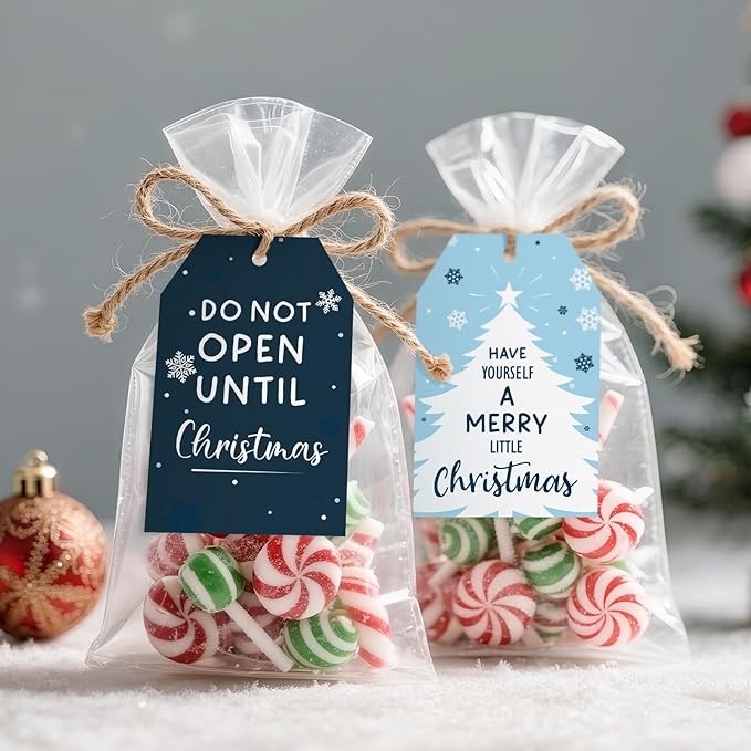 Anwyll Christmas Gift Tags with String - 50Pcs Blue Merry Christmas Name Tags for Gift Xmas to from Tag Have A Merry Little Christmas Tree Label Tag for Present Wrap Goodie Bags Holiday Party Favors