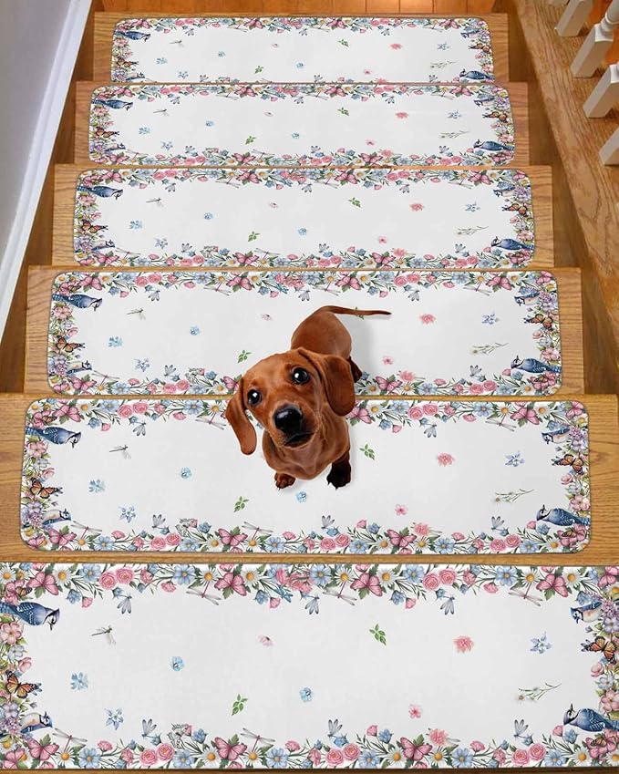Spring Floral Stair Treads Non Slip for Wooden Steps Blue Pink Wildflowers Leaves Birds Butterflies Stair Runner Carpet Reusable Adhesive Staircase Rugs for Dogs, Elders and Pets, 8x30 Inch, 10PCS