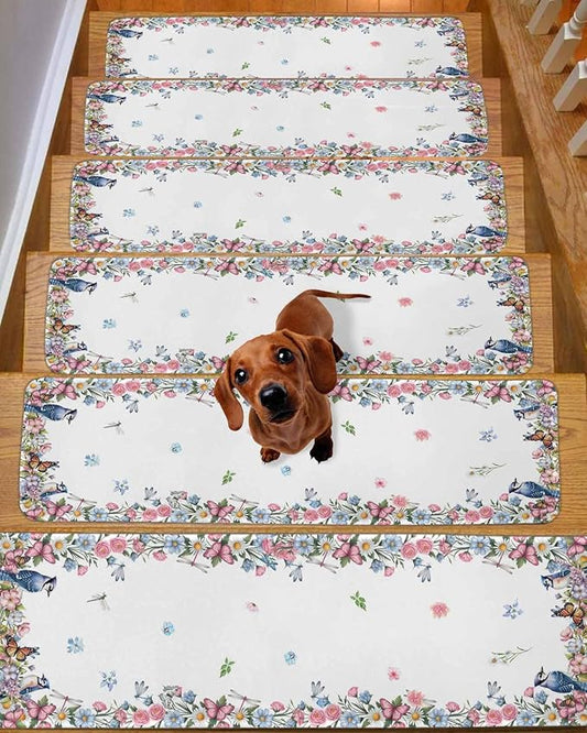 Spring Floral Stair Treads Non Slip for Wooden Steps Blue Pink Wildflowers Leaves Birds Butterflies Stair Runner Carpet Reusable Adhesive Staircase Rugs for Dogs, Elders and Pets, 8x30 Inch, 7PCS