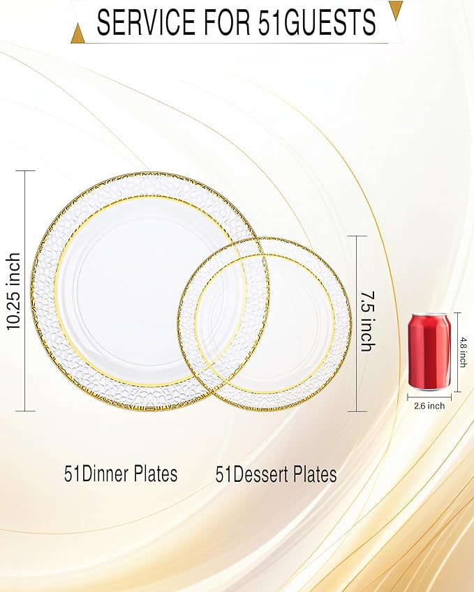 Nervure 102PCS Gold Plastic Plates - Disposable Clear Gold Party Plates Include 51PCS 10.25inch Dinner Plate & 51PCS 7.5inch Dessert Plate Perfect for Wedding & Party & Christmas (Pack of 2)