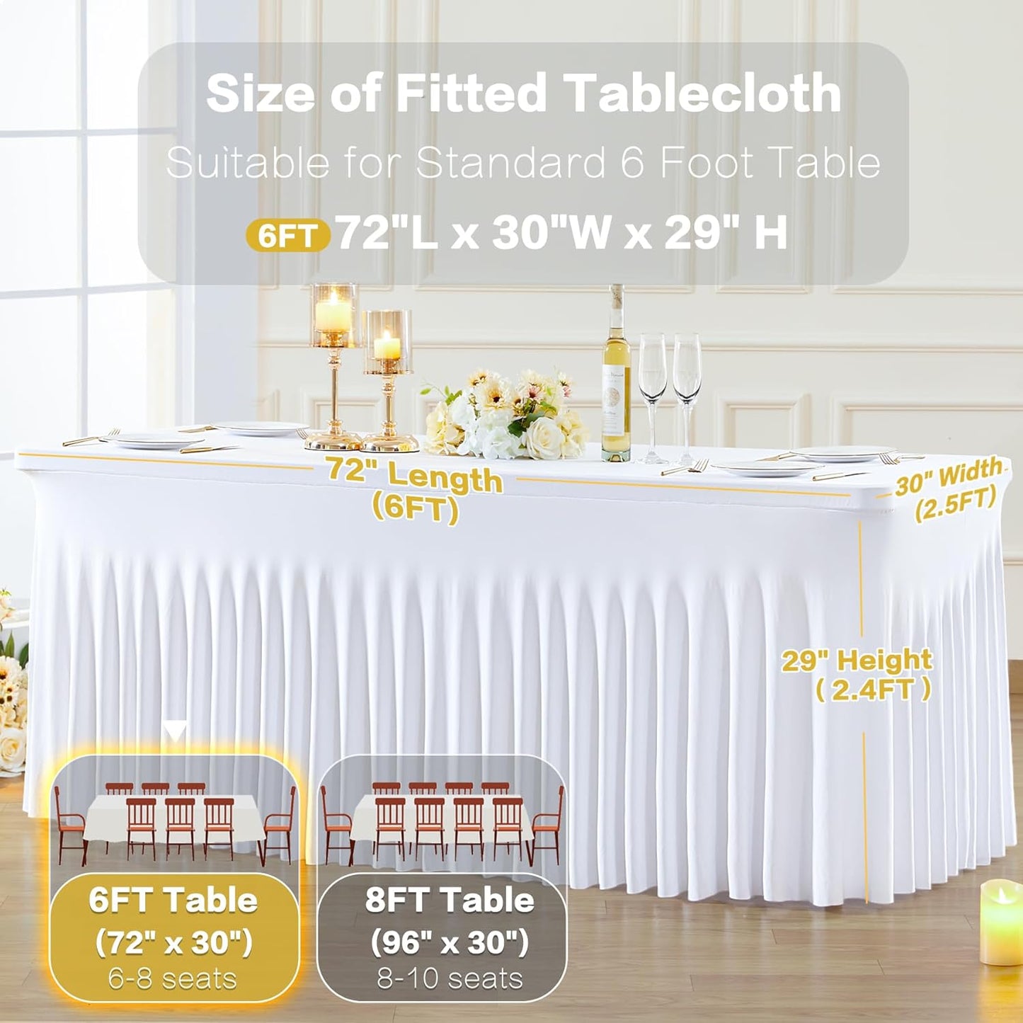 Gogoparti 6 Pack White Spandex Fitted Table Cloth for 6ft Rectangle Tables - Wrinkle Free, Stretch, Multi-Occasion