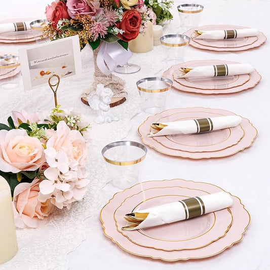 Liacere 175PCS Pink Plates Disposable - Pink and Gold Plates 25guest Baroque Plastic Dinnerware include 150Plates, 25Pack Pre Rolled Napkins with Silverware 25Cups Perfect for Easter Day