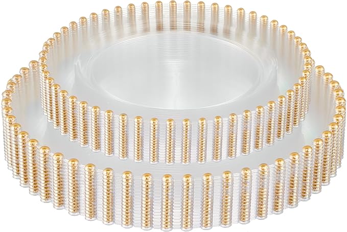 PLASTICPRO 32 Piece Combo Plastic Dinner Plates Disposable Plastic Fancy Heavy Duty Party Dishes 7 inch and 10 inch, Clear and Gold Beaded
