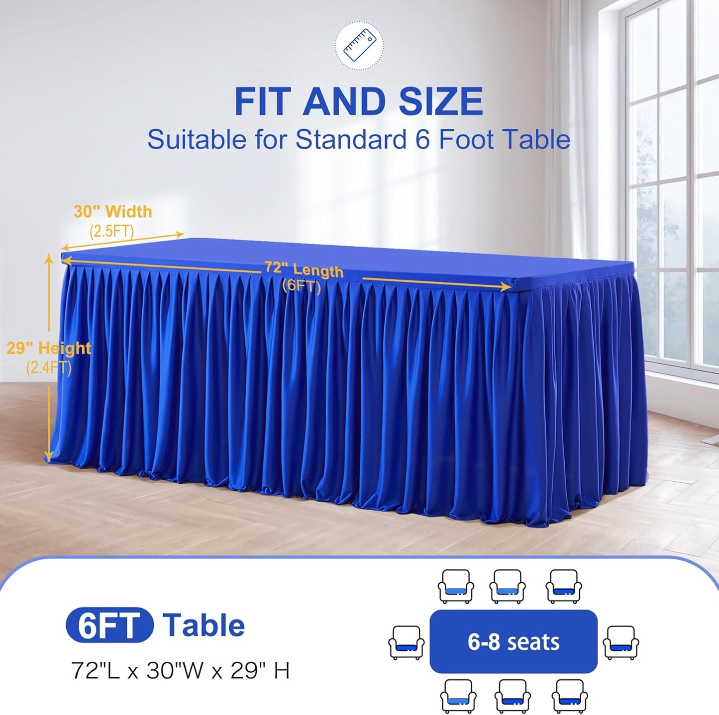 Royal Blue Table Clothes for Rectangle Tables 6ft, Wrinkle Resistant Fitted Table Cloth with Pleated Ruffle Skirts for Banquet Wedding Baby Shower Folding Tables