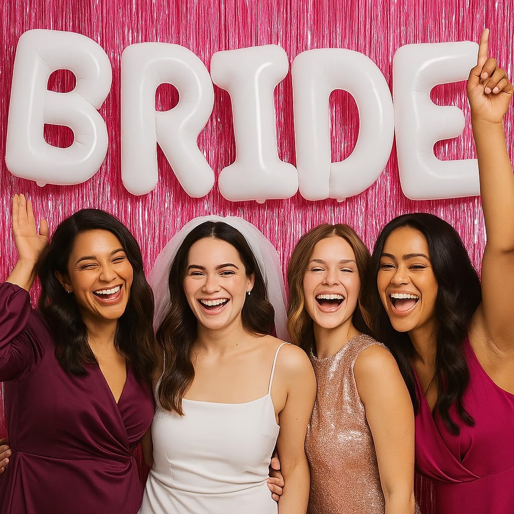 KatchOn, Bachelorette Party Decorations Set - Huge Pack of 3 | White Bride Balloons Bachelorette, Pink Backdrop Curtain | Bridal Shower Decorations, Pink Streamers Party Supplies | Wedding Decorations