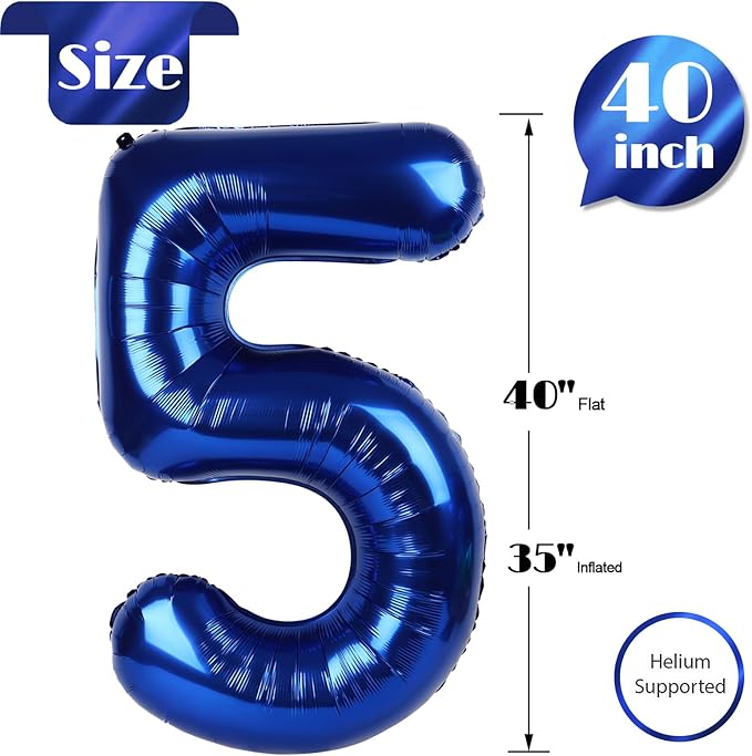Night Blue 5 Balloon, Number Balloons 40 Inch, 5th Birthday Balloon Decorations, Night Blue Party Supplies, 5 Number Balloons, Number 5 Balloon